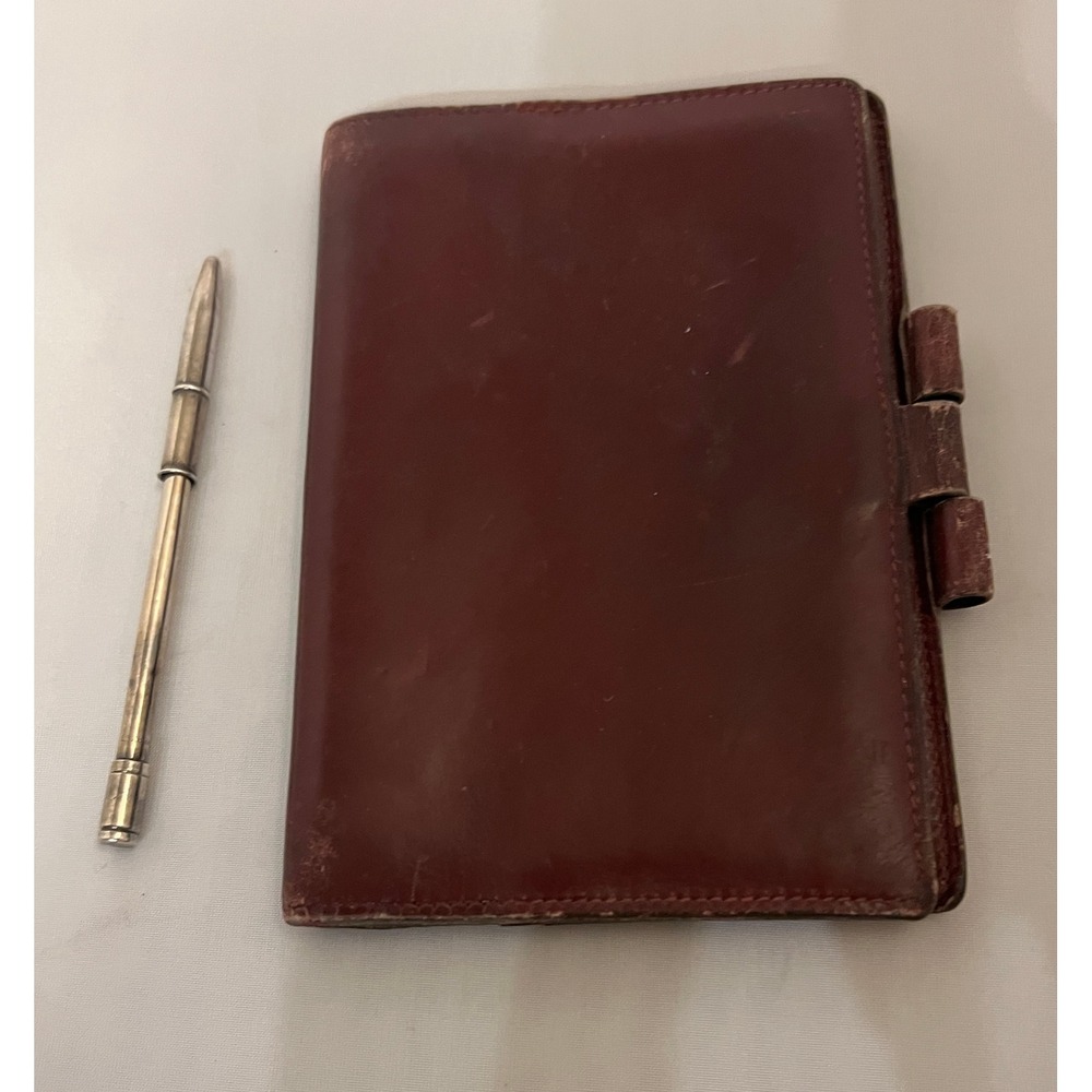 Vintage Hermes Paris Brown Leather Address Book & Sterling Silver Pencil